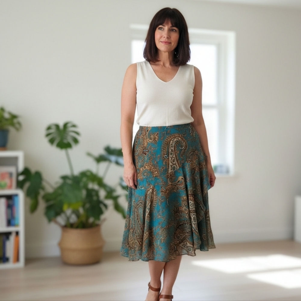 Anage Too Women's Teal Paisley Print  Ruffles Skirt Size 6